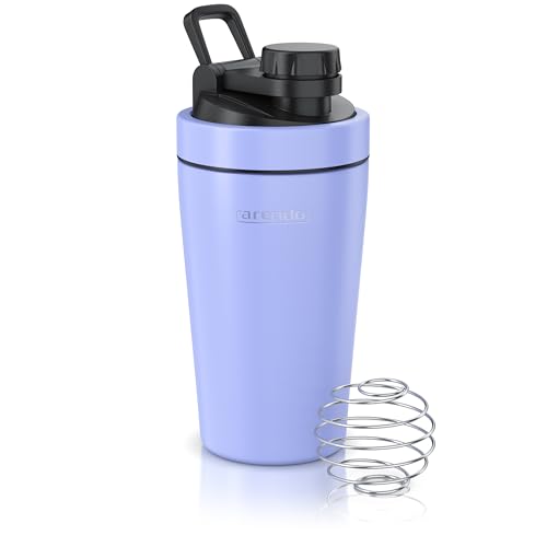 Arendo - Eiweiß Shaker Edelstahl 500ml, Protein Shaker mit Mixkugel, BPA frei, Mixbecher, Metall Premium Eiweißshaker, Tragegriff, Spülmaschinengeeignet, To Go für Yoga Fitness Sport, Lavendel