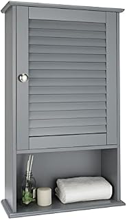CASART Wall Bathroom Cabinet, Louver Door Storage Cabinet with Adjustable Shelf & Open Compartment, Hanging Storage Cupboard Organizer for Bathroom Kitchen Living Room (Grey)