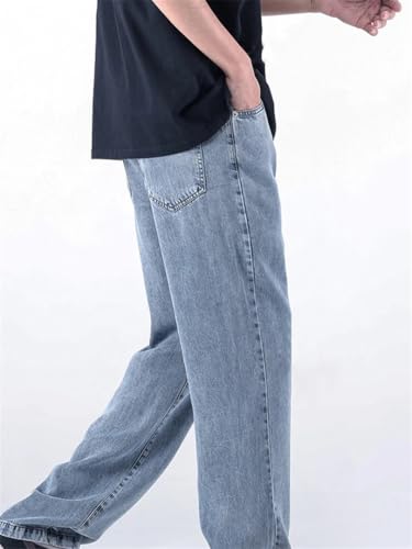 Men's Summer Thin Denim Jeans Loose Fit Straight Cut Elastic Waist Casual Long Trousers4