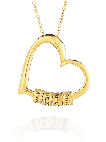 MYCLUSIV® Herzkette mit gravierten Perlen – Personalisierte Namenskette als Geschenk für Frauen & Mama – Damen Halskette aus Edelstahl mit Gravur (Gold)