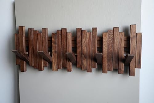 Image of Natural Wood Wall Mounted Piano Coat Rack| Coat Rack Wall Mount| Flip Down Wall Hook Rack| Handmade Storage Rack 5 Hooks,Made of Black Walnut