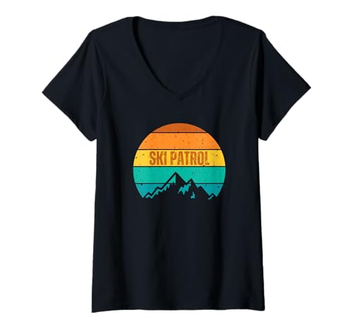 Mujer Patrulla de esquí retro vintage atardecer montañas Camiseta Cuello V