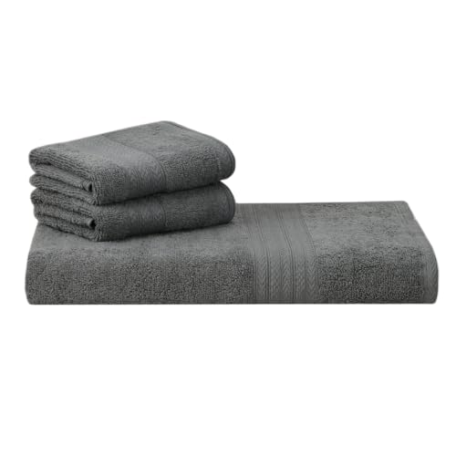 Image of Mafatlal Joy Cotton Bath Towel Set - 1 Large Towel + 2 Hand Towels | 58 x 29 inch + 24 x 12 inch | Soft & Highly Absorbent | 450 GSM | Titaan | Perfect for Men & Women