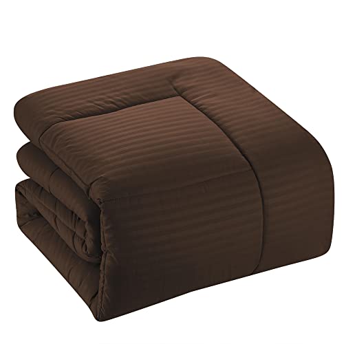 Image of Sweet Home Collection 8 Piece Bed in A Bag with Dobby Stripe Comforter, Sheet Set, Bed Skirt, and Sham Set - Queen - Chocolate
