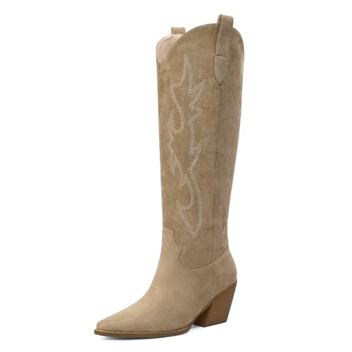 Image of iiimmu Cowgirl Boots Women Knee High Boots Pointed Toe and Block Heel Cowboy Suede and Faux Leather Boots with Embroidered