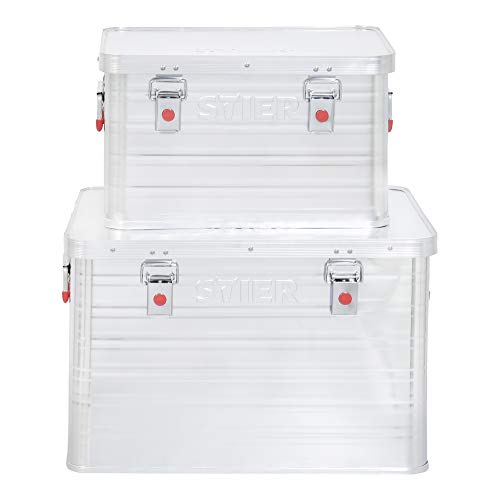 STIER Alubox Set, 30L und 65L, stapelbare Transportkisten, Staub- und spritzwasserresistent mit Gummidichtung und Klapphandgriffen, großes Fassungsvermögen