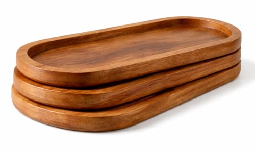 Image of Premium Luxury 100% Natural Acacia Wood Serving Tray Set of 3, Wooden Oval Snack Tray for Kitchen, Coffee, Fruits & Decor, Durable Food-Safe Serving Platter, Natural Finish