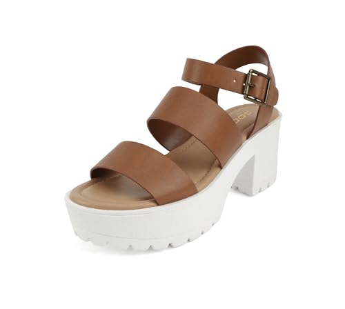 Image of Soda ACCOUNT ~ Women Open Toe Two Bands Lug sole Fashion Block Heel Sandals with Adjustable Ankle Strap