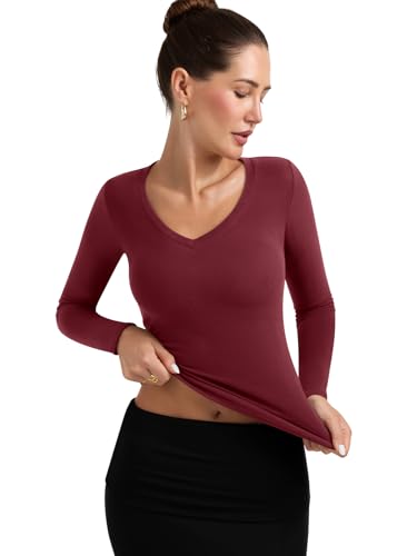 PINKMSTYLE Women V Neck Long Sleeve Shirts Slim Fit Going Out Tops Basic Fall Winter Fashion Base Layer Tops3
