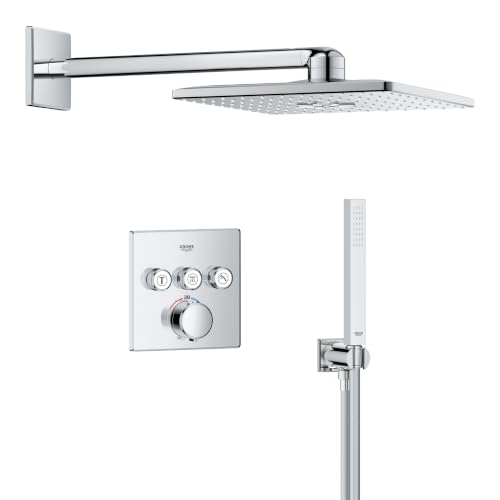 GROHE Precision SmartControl - Sistema ducha empotrado termostático 3 válvulas (rociador 31cm 2 chorros, codo con soporte, teleducha 1 chorro, flexo 1.5m, placa cuadrada), Cromado, 1072460000