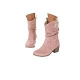 Pink Cowgirl Boots for Women Knee High Cowboy Boots Wide Calf Cowboy Boot Mid Calf Wide Fit Suede Ankle Boot Women Pull on Slouch Chunky Heel Pointed Toe Western Booties Slip on Western Low Heel Shoes