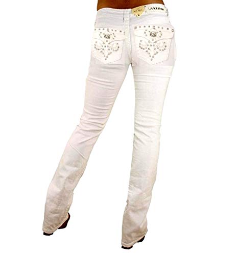 Classic Rhinestone Studded White Denim Bootcut Jeans