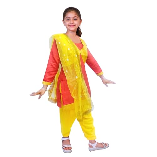 Image of Kaku Fancy Dresses Punjabi Girl Ethnic Costume for Kids - Red & Yellow Salwar Suit Dress with Dupatta | Indian State Fancy Dress for Girls (14-17 Years)