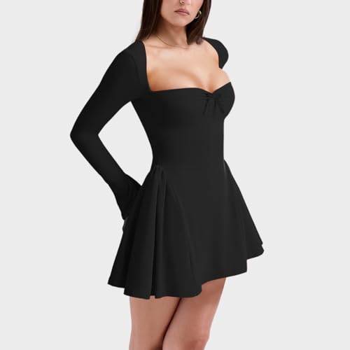 Women's Fit and Flare Mini Dress - Long Sleeve Sweetheart Neck Sexy A Line Club Party Going Out Dresses3