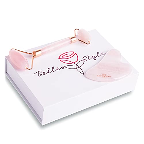 Belles Style Facial Massage Roller, Jade and Rose Quartz Roller,Great Eye Roller and Lymphatic Drainage Massager, Ice Massager, Eye Puffiness Relief, (Rose Quartz Roller with Gua Sha)