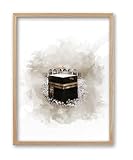 iHery Natural OAK Wood Islamic Kaaba Mecca Framed Wall Art, Large 16x20 in Beige Hajj Canvas Wall Art Modern Holiest Site Wall Decor Symbol of Faith Set of 1 for Bedroom Living Room