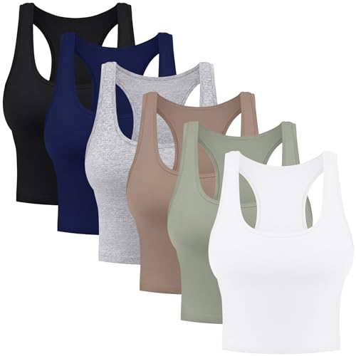 6 Pieces Basic Cotton Crop Tank Tops Sleeveless Racerback Sports Tops Workout Yoga Crop Tops for Women (Color Set A, Medium)