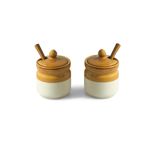 Image of ExclusiveLane 'Barni Tales' Ceramic Pickle Jars for Dining Table With Spoon & Iron Holder (Set Of 2, Non-Airtight, 270 ml)| Pickle Jar With Spoon Achar Jar Set Achar Container Set for Dining Table|