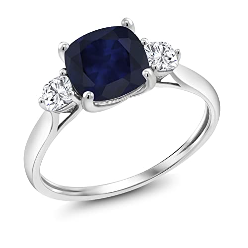Gem Stone King 10K White Gold Blue Sapphire and White Moissanite 3-Stone Engagement Ring | 2.26 Cttw | Cushion 7MM | 3 Stone Wedding Anniversary Promise Gold Ring For Women3