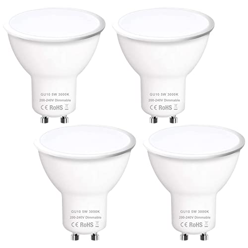 ProCrus Dimmbar GU10 LED 5W Lampe,3000K Warmweiß LED Leuchtmittel GU10 Strahler,400LM,Ersatz für 40W Birne,120° Abstrahlwinkel Reflektorlampen,220-240V Spotlight, 4er Pack,Energieklasse G Cover