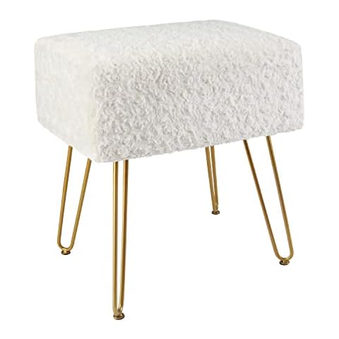 TOUCH-RICH Modern Mink Square Footstool Ottoman,Rose Pattern Furry Faux Fur Vanity Stool Chair with Metal Legs,Comfy Entryway Ottoman Bench,Stool for Vanity (White) Cover