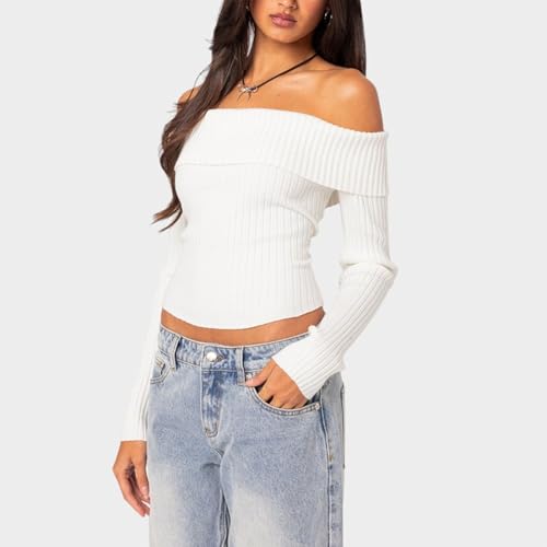 Image of Women Off Shoulder Solid Sweater Long Sleeve Vintage Slim Fit Crop Going Out Streetwear Y2k Ribbed Knit Tops(Daisy, S)