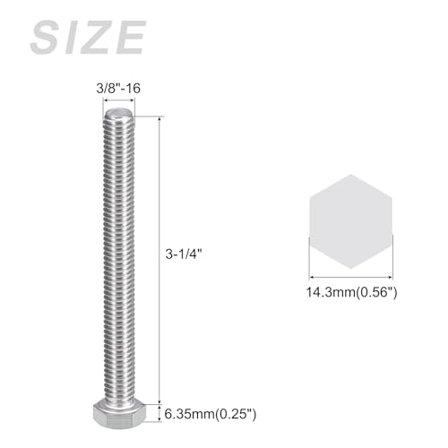 Image of METALLIXITY Hex Head Bolts (3 /8-16 x 3-1 /4 inch) 5Pcs, 304 Stainless Steel 18-8, Fully Threaded, External Hex Drive, Plain Finish, Hex Head Screw Bolt, Silver