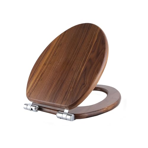 Retro Walnut Thickened Toilet Seat, V-Shaped Silent Toilet Lid for Household Use, with Stainless Steel Hinges, No Rust(Walnut)