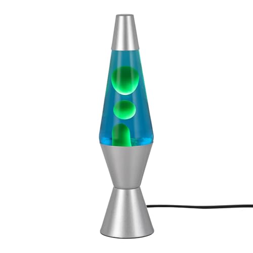 Image of KARP 14.5 Inch Lava Lamp (Blue Water & Green Lava) | Silver Base, Metal & Glass | 220-240V 50Hz | R39 E14 25W Bulb | Run by Plug with Inline Switch | Ambient Night Lamp & Gift for Home Decor & Office