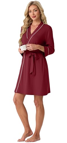 Image of PrinStory Womens Robe Knee Length Soft Knit Bathrobe S-2XL | V-Neck 3 /4 Sleeve Robes with Pockets, Lightweight, Breathable Bath Robe for Shower, Spa, Travel, Home, Party, Nursing