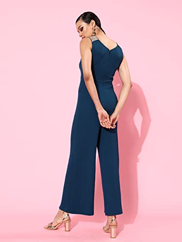 Image of Miss Chase Women's Teal Solid Relaxed Fit Round Neck Sleeveless Regular Length Jumpsuit