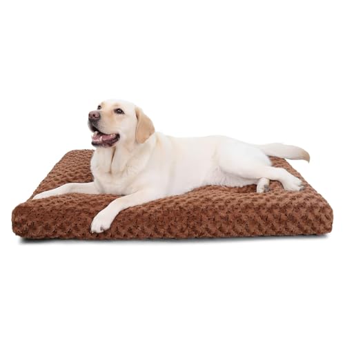 Image of KSIIA Washable Dog Bed Medium Size Dog Crate Bed Pet Mat 35 inchx23 inch Brown | Deluxe Plush Comfy Kennel Pad, Anti-Slip Bottom,Deep Sleeping Mat for Medium Dogs,Machine Washable for Easy Cleaning