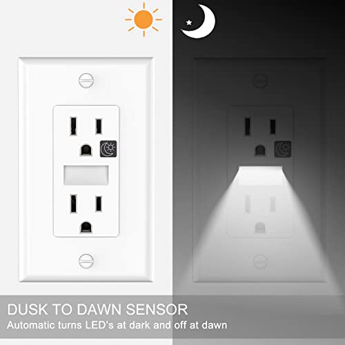 Image of SOZULAMP 15A Outlet with Night Light, Daylight LED, 4-Pack | Auto on /off daylight nightlight Glows through outlets Bright yet gentle For halls stairs baths Plates & 12-month warranty