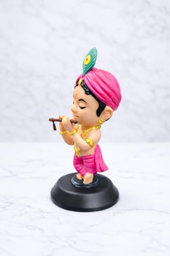 Image of Krishan Ji Car Dashboard Idol with Double Sided Tape | Bal Gopal Statue for Car Dashboard, Home Temple & Office | Cute Krishna Murti Gift Item | Standing Eye Closed | Pink
