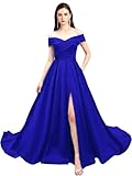 Off The Shoulder Prom Dresses Long with Pockets A Line Formal Evening Ball Gowns Satin Military Party Dress 2026, Royal Blue-slit, 20 Plus