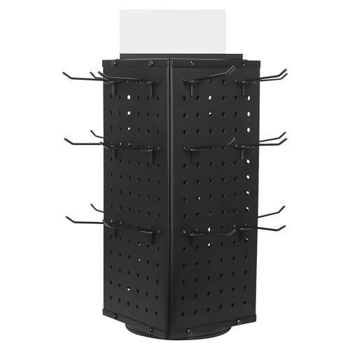 Rotating Pegboard Display Stand with 24 Hooks, 4-Sided Metal Spinner Peg Board Organizer, Countertop Display Rack for Jewelry, Keychains, Craft Supplies, Retail and Trade Shows (Black, 17in,4-Sided)