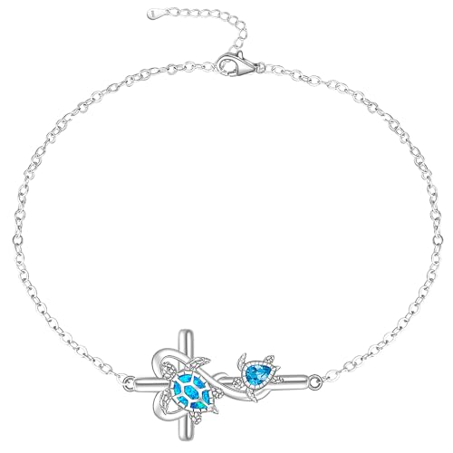 Image of Fenthring Turtle Anklet S925 Sterling Silver Blue Opal Sea Turtle Ankle Bracelets for Women Infinity Wave Ocean Beach Summer Foot Bracelet Jewelry Layered Adjustable