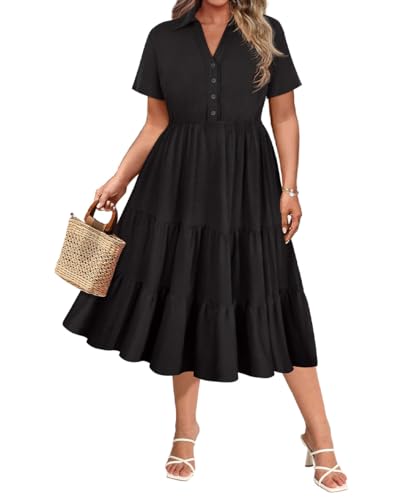 Image of CARCOS Plus Size Dresses for Curvy Women Collared Vneck Short Sleeve Dresses Midi Summer Ruffle Dress with Pocket XL-5XL
