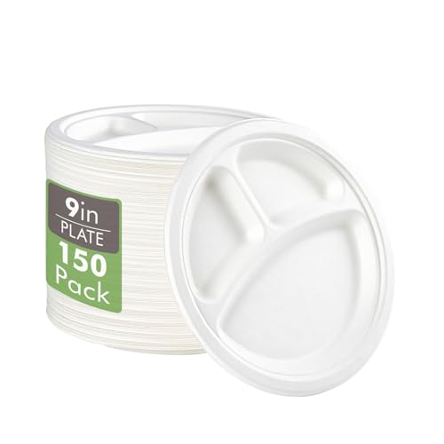 Vplus 100% Compostable Paper Plates, 150 Pack 9 Inch 3 Compartment Plates Disposable, Heavy Duty Biodegradable Plates Made of Sugar Cane Fibers, for Daily meals, Dinner, Parties, BBQ Vplus 100% Compostable Paper Plates, 150 Pack 9 Inch 3 Compartment Plates Disposable, Heavy Duty Biodegradable Plates Made of Sugar Cane Fibers, for Daily meals, Dinner, Parties, BBQ