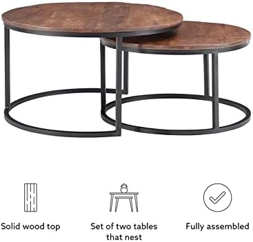 Pemberly Row Modern Nesting Coffee Tables, 31" Round Mango Wood and Metal, Black and Brown Finish, Space-Saving Set of 2, Contemporary Living Room Accent Tables for Apartments or Small Spaces
