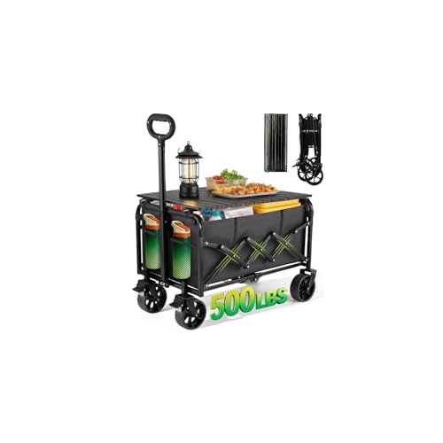 500LBS Collapsible Folding Wagon Carts with Table - 230L Large Foldable Collapsible Portable Wagon Cart with Breaks Heavy Duty & All-Terrain Swivel Wheels for Camping Shopping Garden & Fish