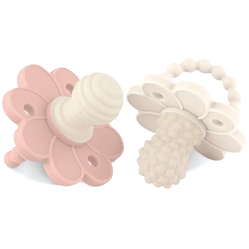 Soothipop Silicone Pacifier Teething Toys for Babies 0-6 Months 12, 18 Months - (2 Pack) Pacifier Shaped Baby Teether, Soft Teething Pacifiers for Babies Baby Teething Relief Flower (Cream & Pink)