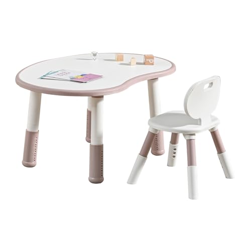 キッズテーブル&チェア 2点セット 高さ6段階調節45-55cm キッズデスク キッズチェア 高さ調整 子供用椅子 デスクセット リビング学習 キッズテーブルセット 学習机 お絵かき机 子供机 男の子 女の子 子供テーブル お絵描き 学習 食事用 (ピンク