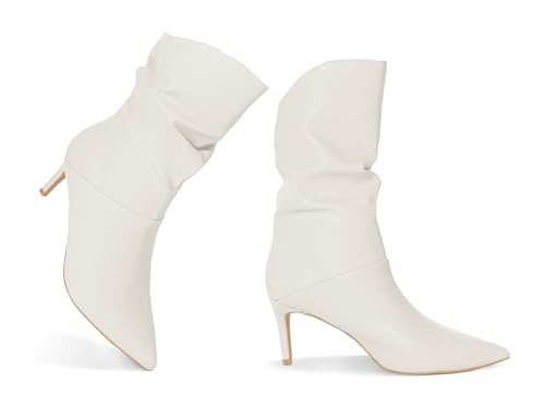 Coutgo Womens Slouchy Mid Calf Boots Stiletto High Heel Leather Booties Pointed Toe Pull on Fall Winter Shoes