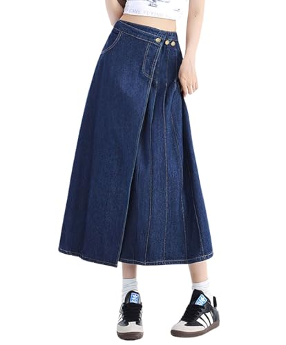 chouyatou Women's Y2k Irregular Denim Skirt High Elastic Waist Pleated A-Line Midi Long Jean Skirt