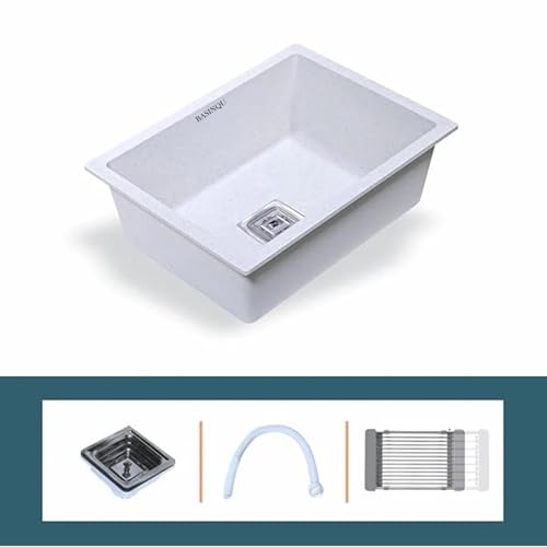 Image of BASINQU Quartz Kitchen Sink 24 x 18 x 9 Inch Granite Kitchen Sink Single Bowl White Quartz Sink for Kitchen Basin Sound Dampening Scratch Resistant UV-Protected Noise Reducing