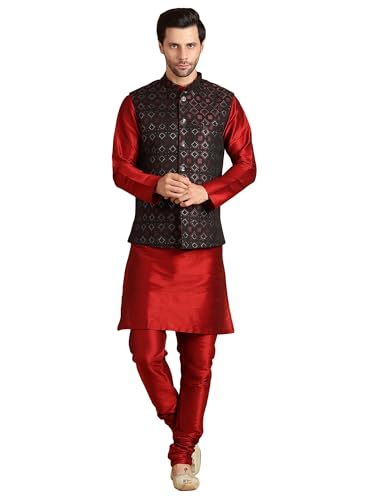 Image of men's Silk Blend Kurta Pejama & Waistcot Set