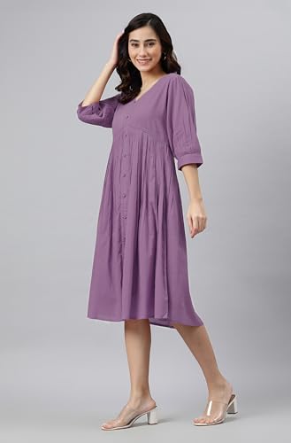 Image of Janasya Women's Cotton Solid Flared Dress