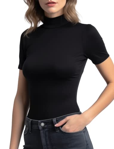 Mock Turtleneck Short Sleeve Tops for Women, Mock Neck Fitted T-Shirt Flowey Print Baselayer Office Tee3