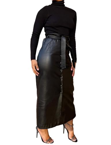 Women Button Down Front Slit Faux PU Leather Maxi Long Skirt with Belt2